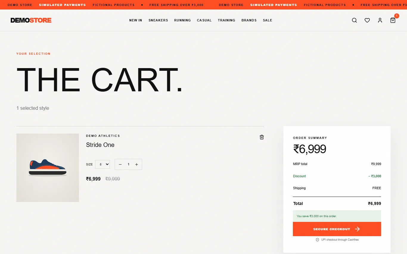 Cart with order summary and UPI checkout through Cashfree