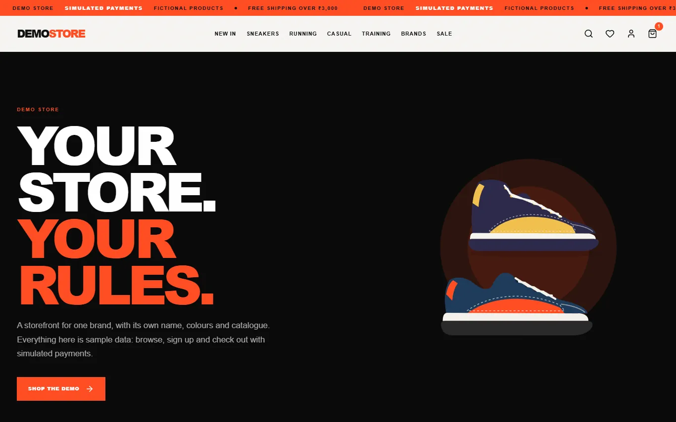 Store home page with a bold hero and the store's own sneaker artwork