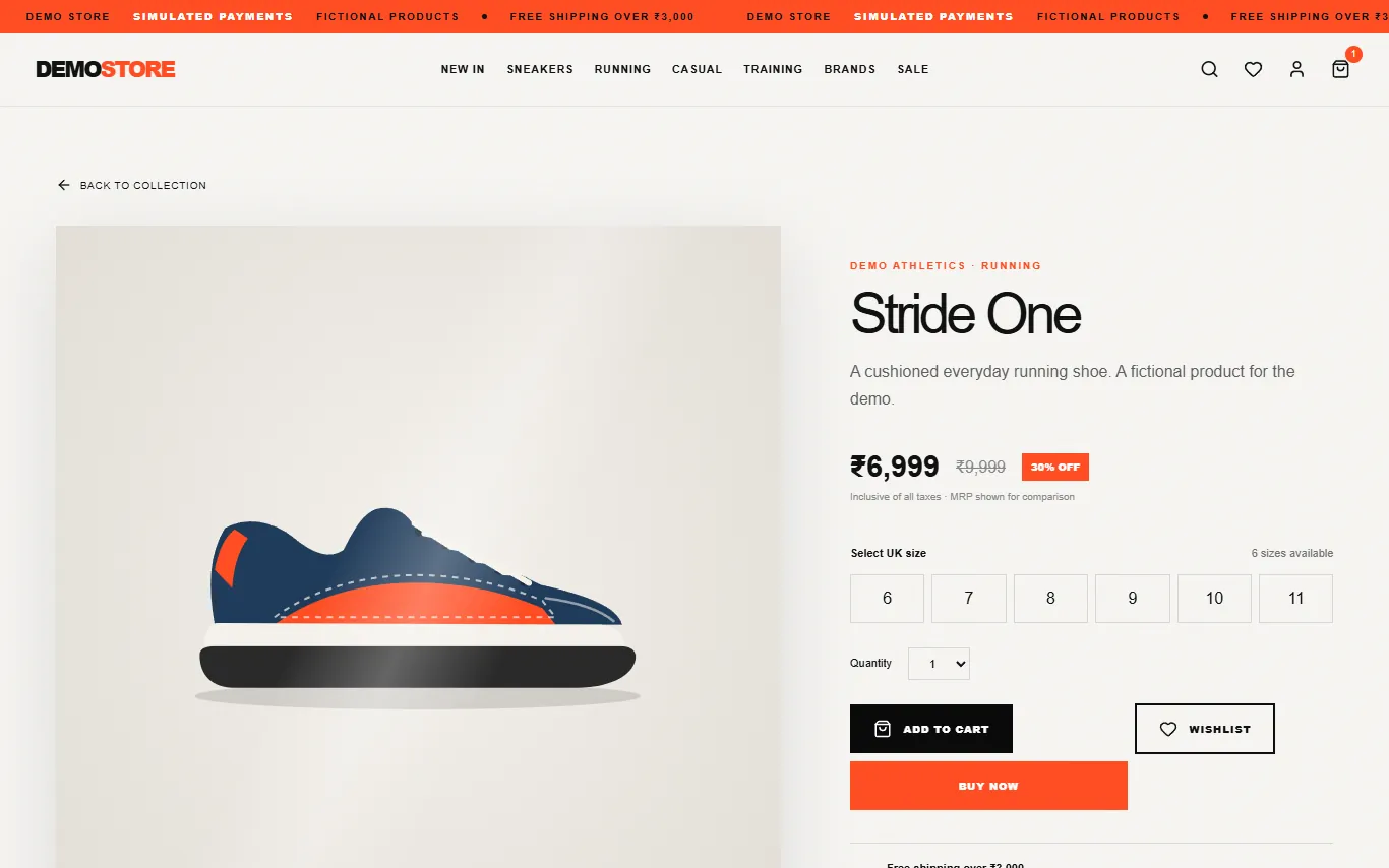 Product page with price, discount and UK size selection