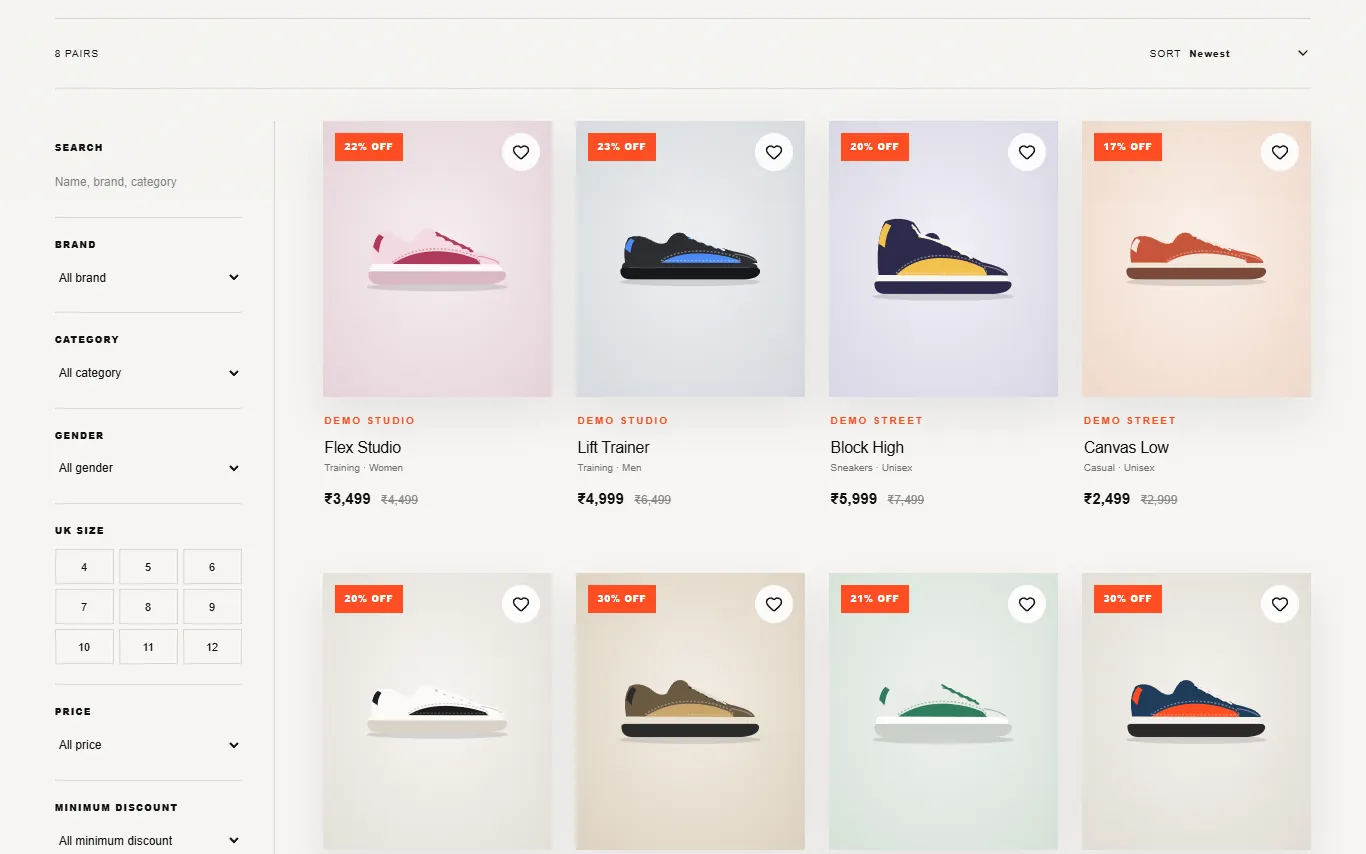 Product grid with filters for brand, category, size and price
